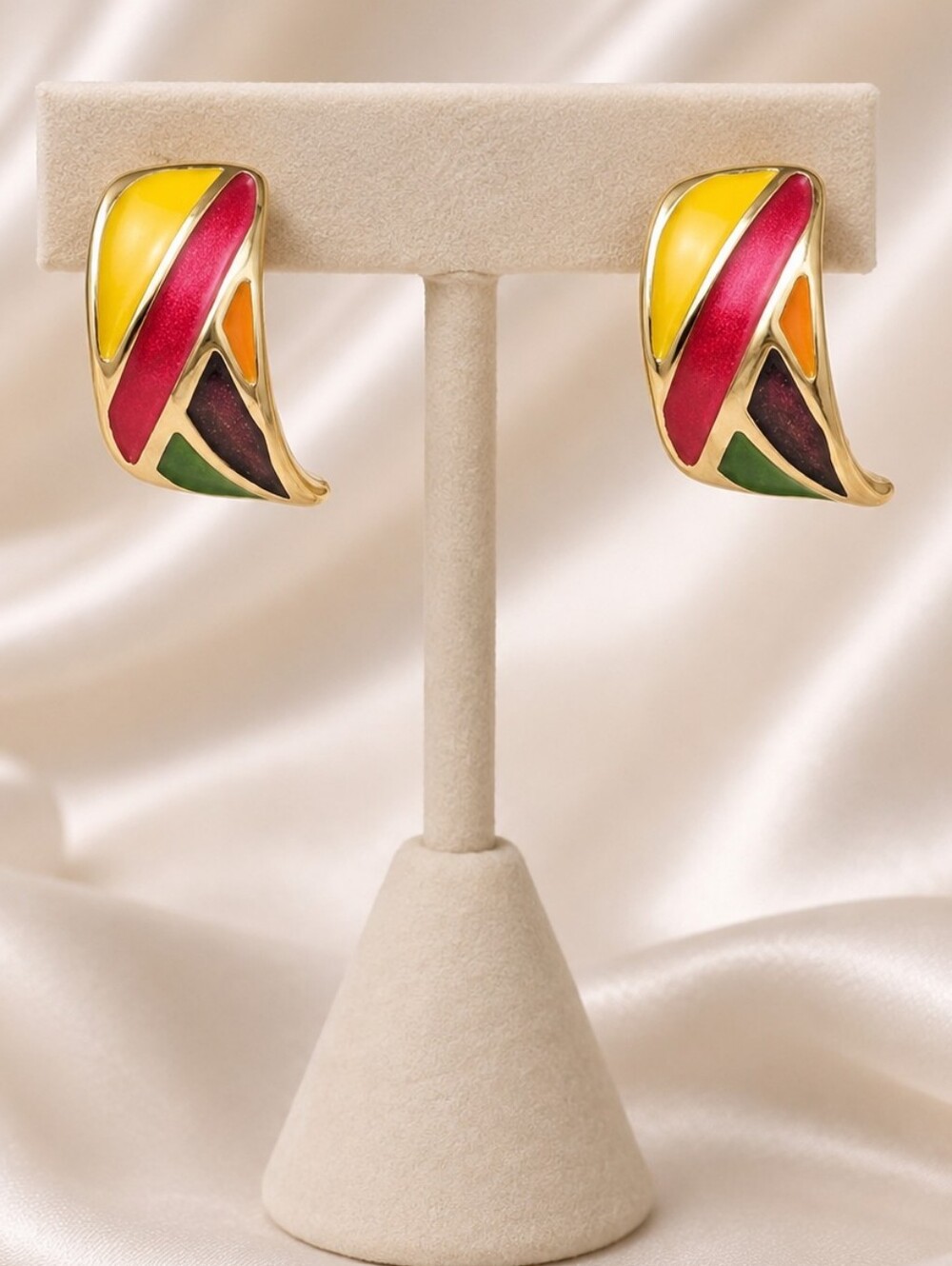 Vintage 80s Gold Tone Multicolor Enamel Crescent Earrings